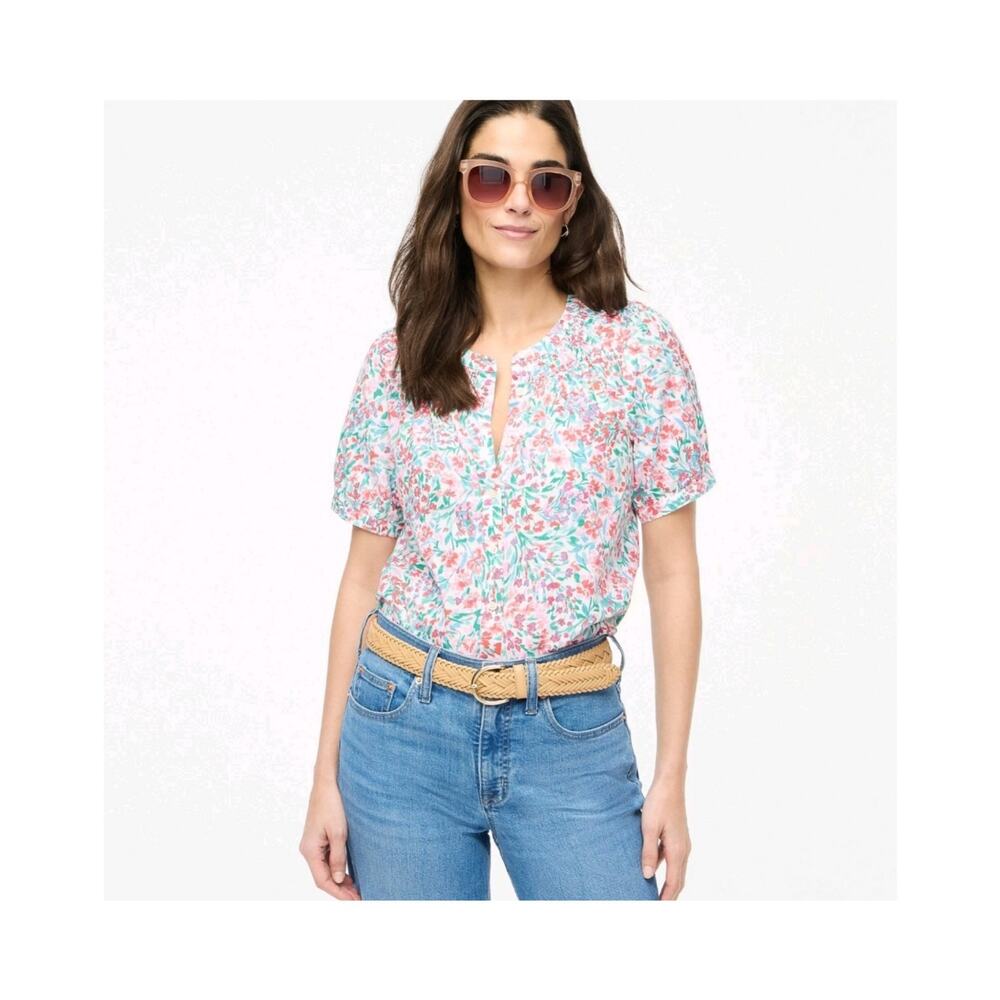 NWT J.Crew Factory Linen-blend Short-sleeve Smock-neck Top Size XS